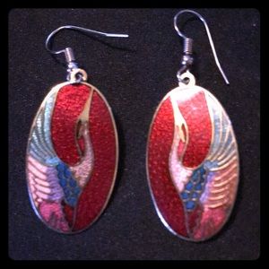 Oval enamel peacock earrings